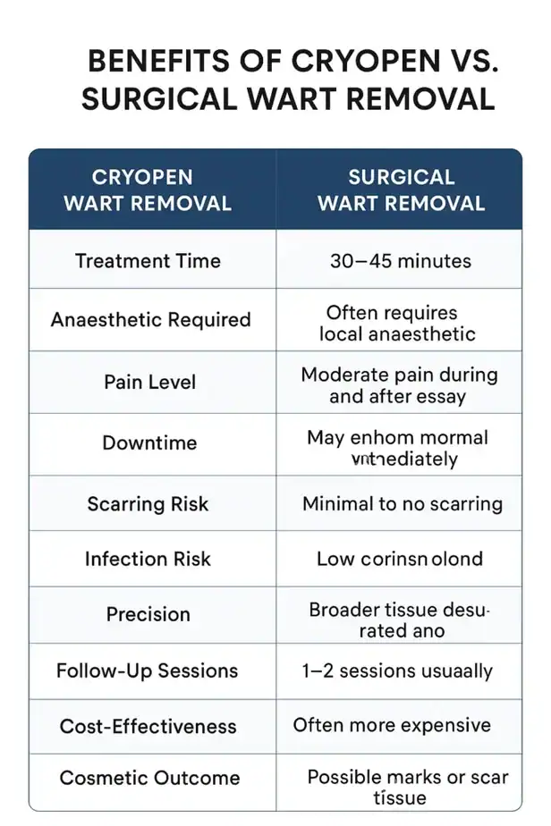 Table showing the benefits of cryopen to remove warts Nottinghamshire compared to surgical treatment